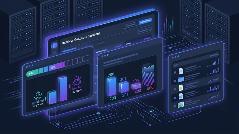 Интерфейс GoAccess dashboard: распределение ботов, статус-коды, топ запрошенных URL